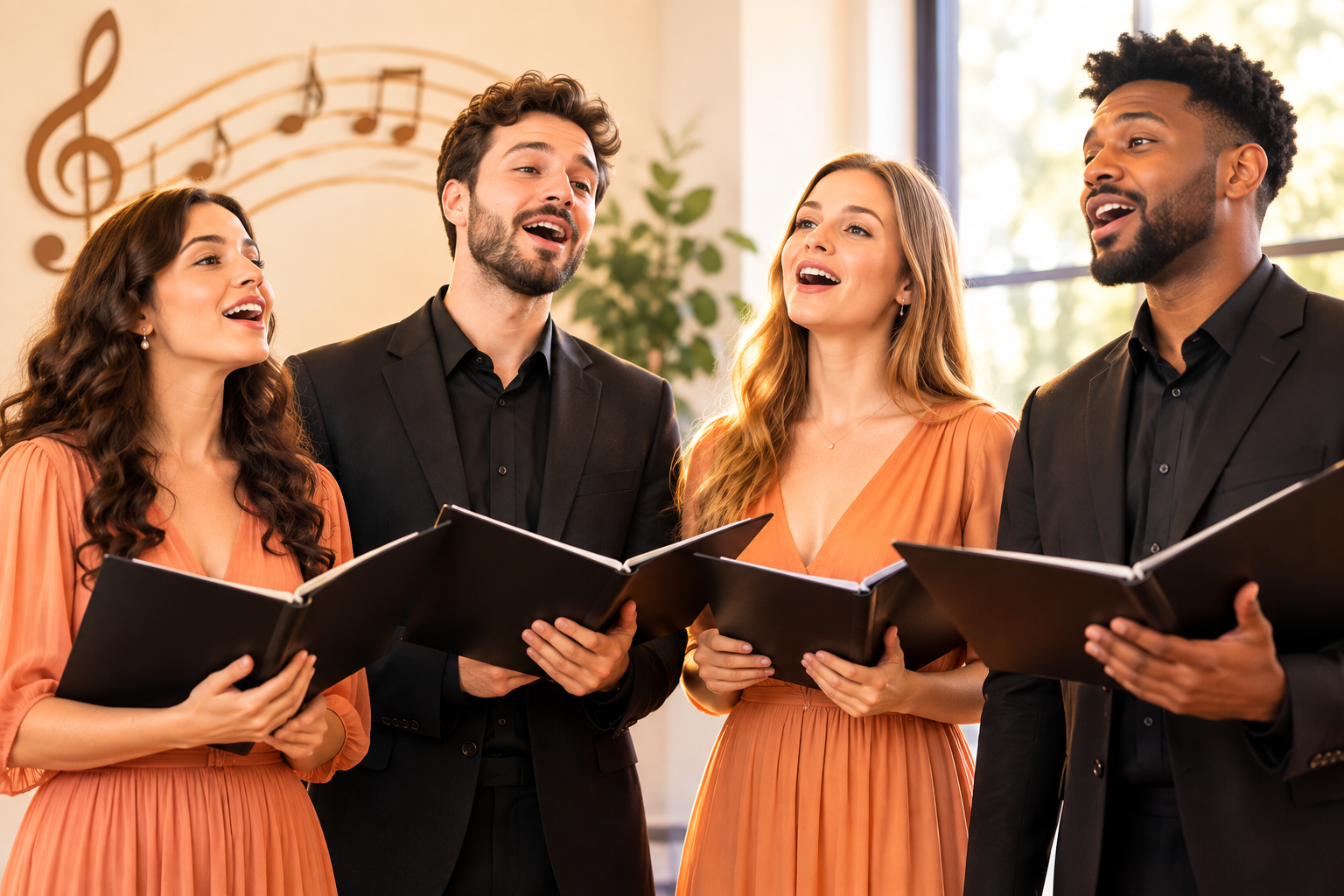 Vokalquartett in eleganter Kleidung singt mit Mikrofonen bei einer festlichen Veranstaltung